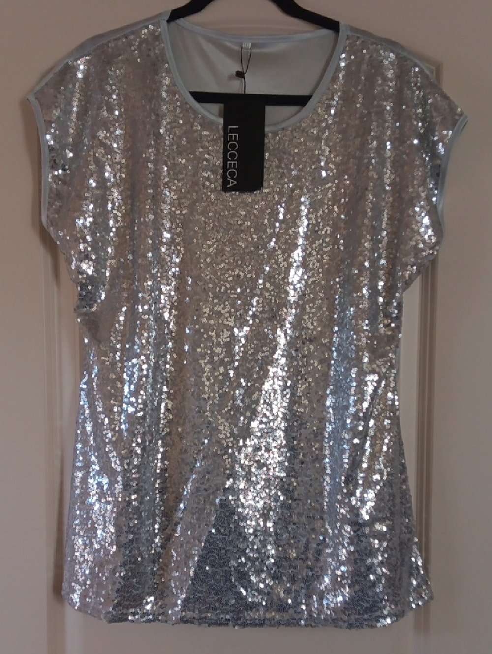 Lececca Silver Sequin Short Sleeve Top